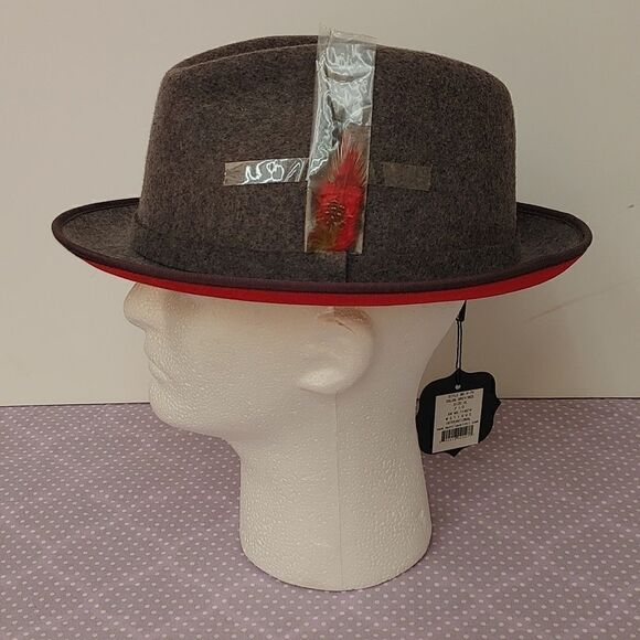 MONTIQUE GREY SMALL FELT BAND, 2 1/4" BRIM 100% WOOL FELT RED BOTTOM FEDORA HAT - Picture 2 of 8